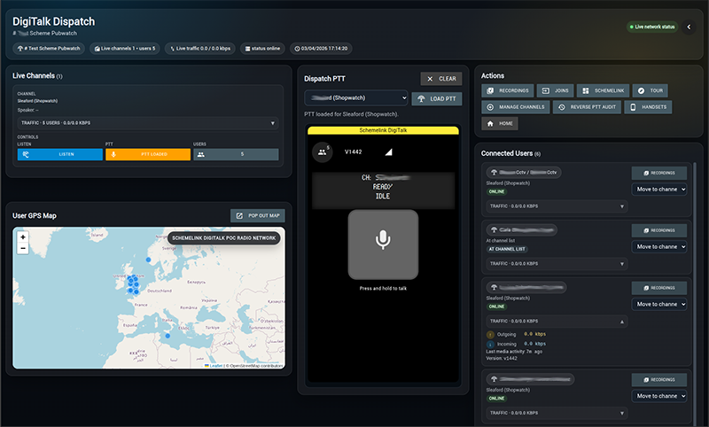 DigiTalk dispatch console showing channels, connected users and map controls