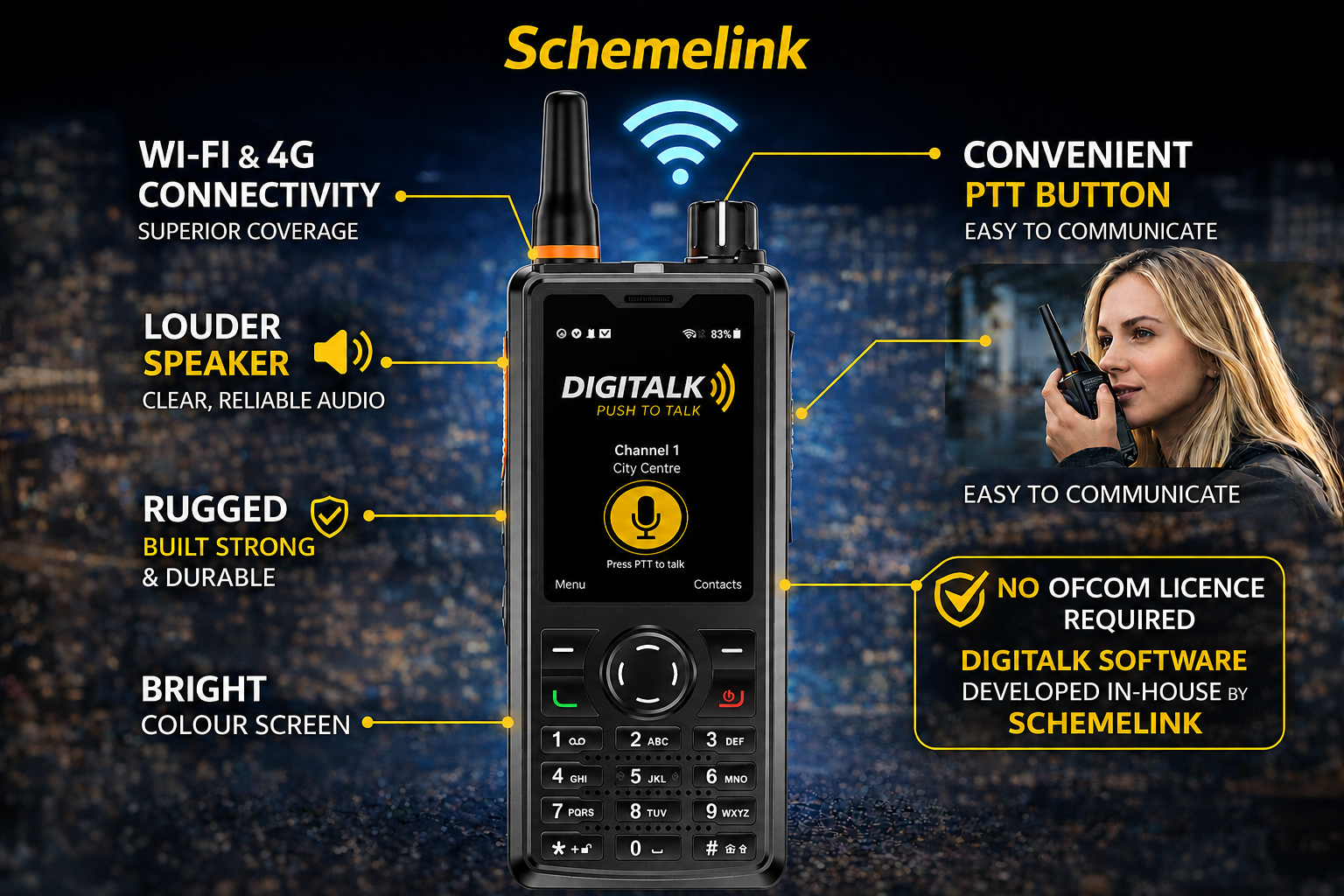 Feature overview of the Schemelink DigiTalk radio handset