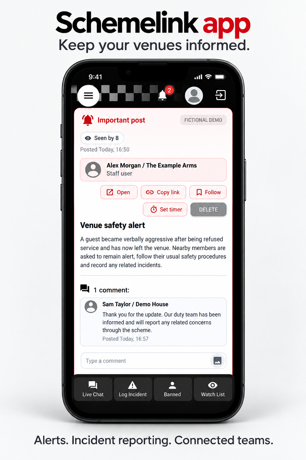 Schemelink iPhone demo showing a fictional venue safety alert and member response